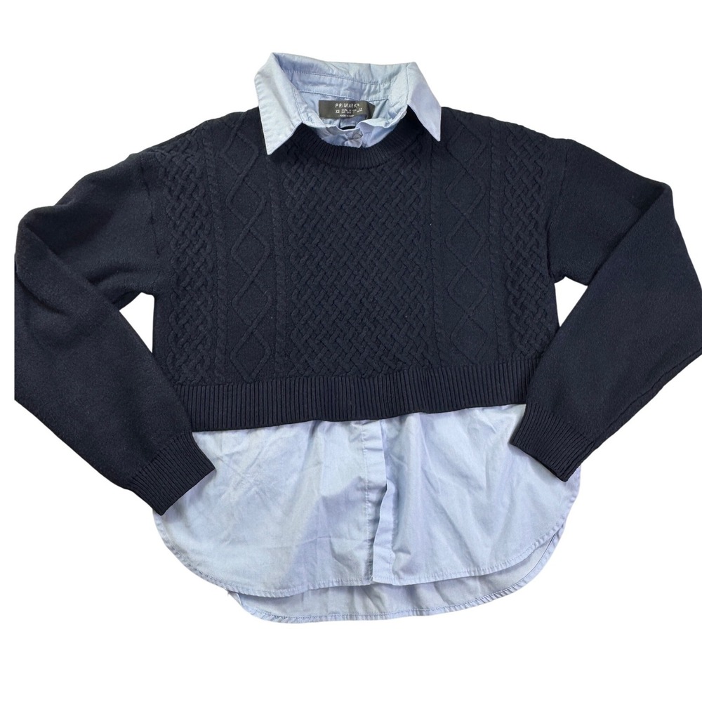 Primark Navy Cable Knit 2-in-1 Layered Sweater Shirt Combo Blue XS Clueless Y2k